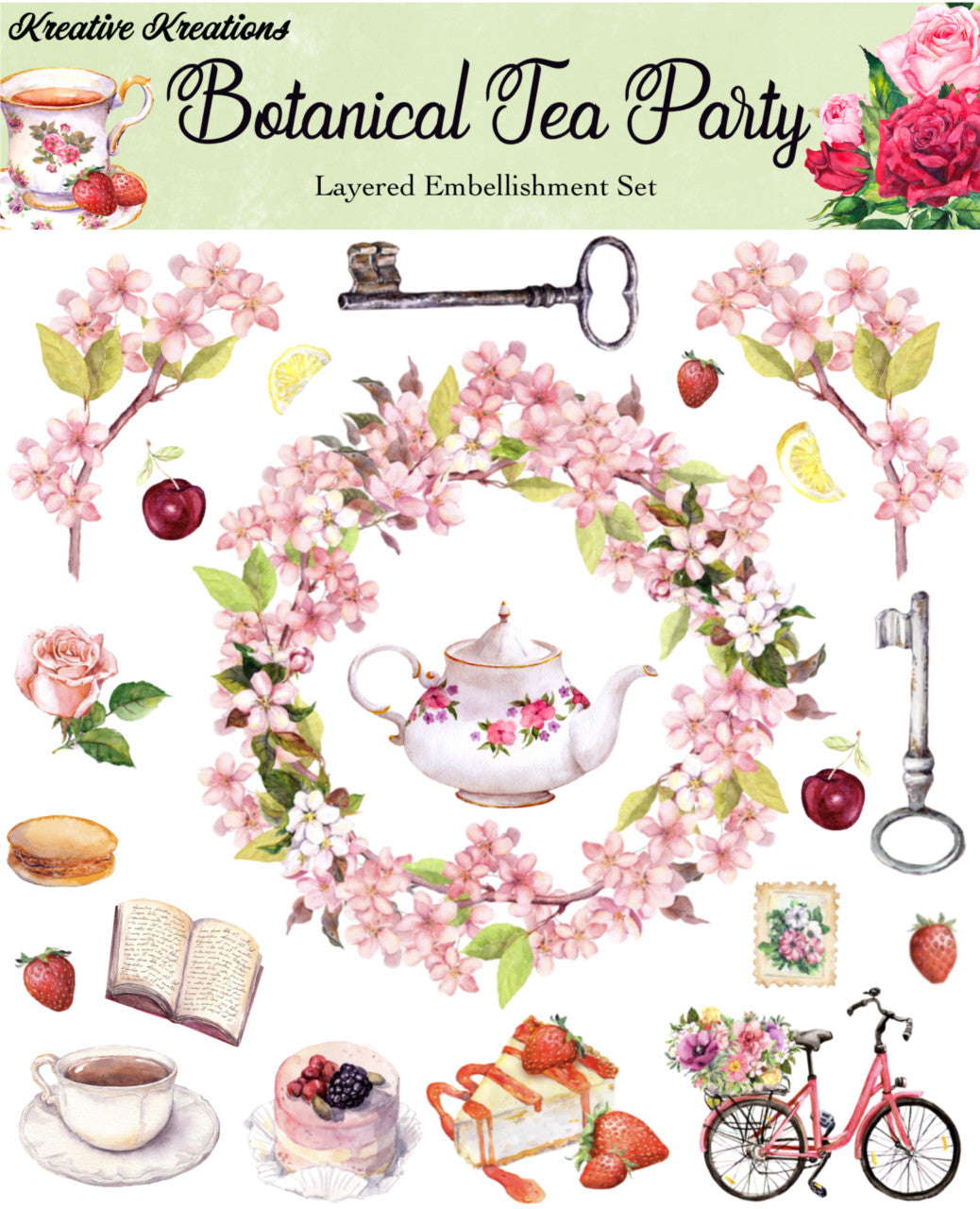 Kreative Kreations Botanische Tea Party 30 x 30 cm gelaagde versieringsset